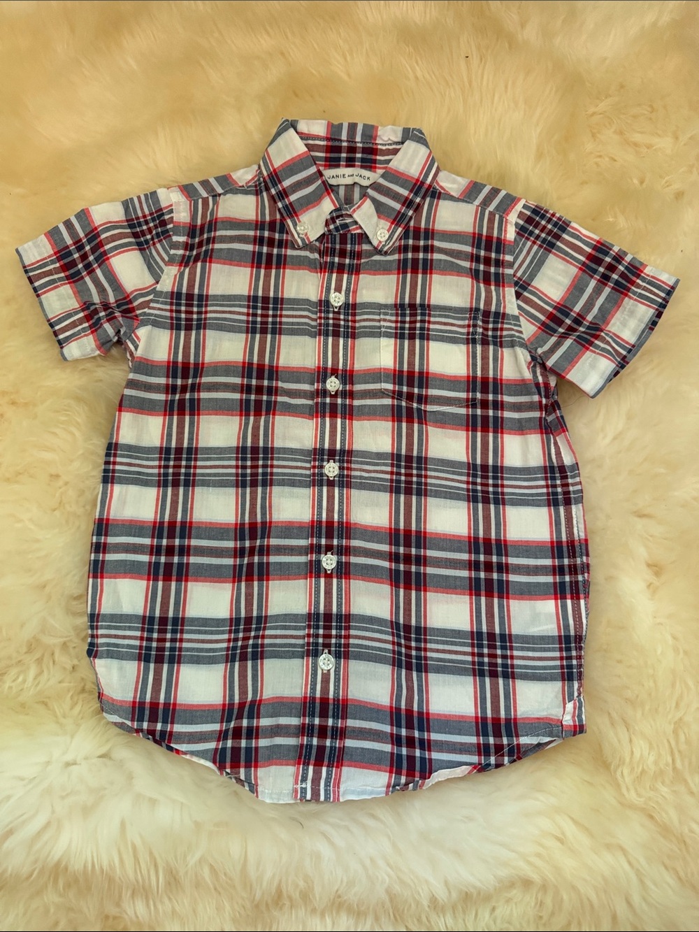 Janie and Jack White, Red & Navy Short-Sleeve Plaid Button-Down